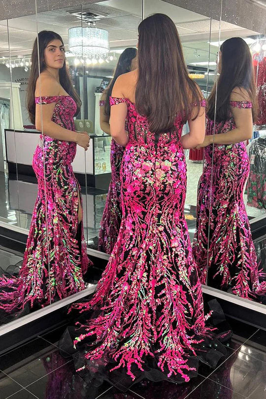 Vestidos de fiesta con hombros descubiertos, sirena, lentejuelas, faja y cola de barrido con abertura