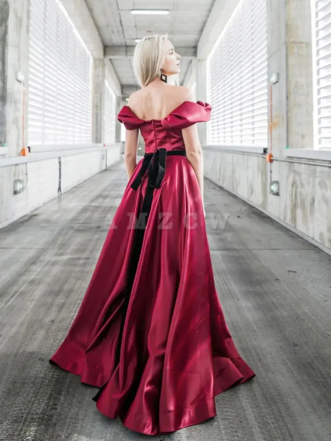 Amzcw A-Line Off Shoulder Satin Burgundy Long Prom Dress Burgundy Formal Evening Dress prom dress in store