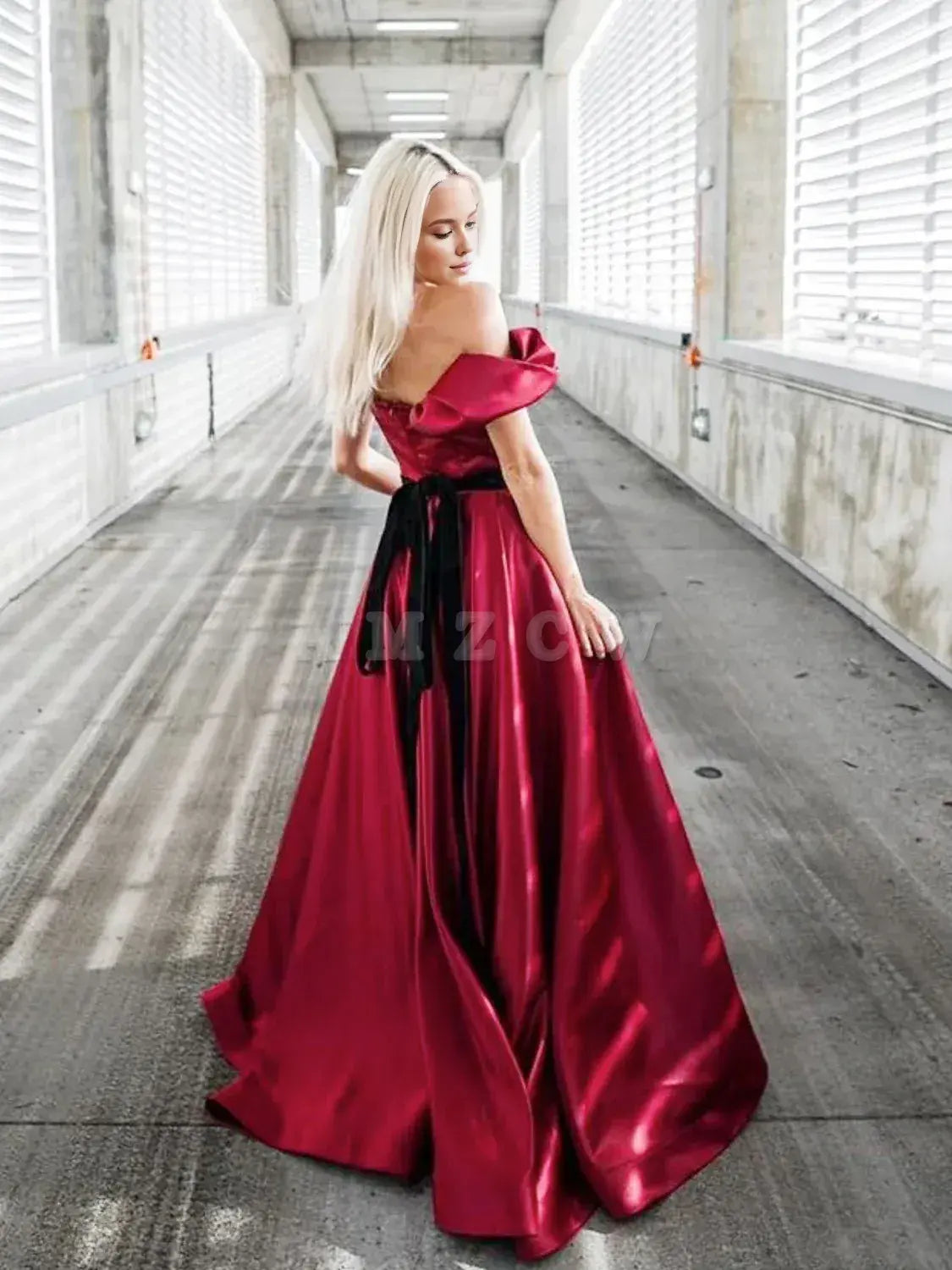 Amzcw A-Line Off Shoulder Satin Burgundy Long Prom Dress Burgundy Formal Evening Dress prom dress in store