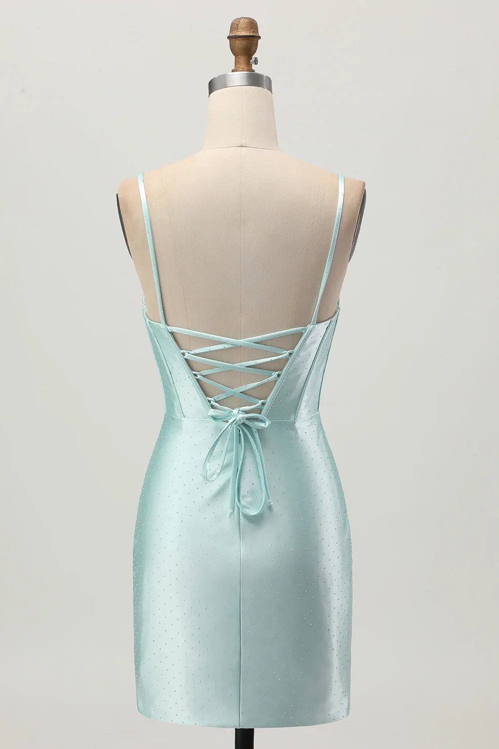 Fashion Short Dress Sparkly Light Green Satin Sheath Spaghetti Strap Sweetheart Neckline Sleeveless Pleated Knot Hollow-Out with Rhinestone Backless Hot Sale Homecoming Dress