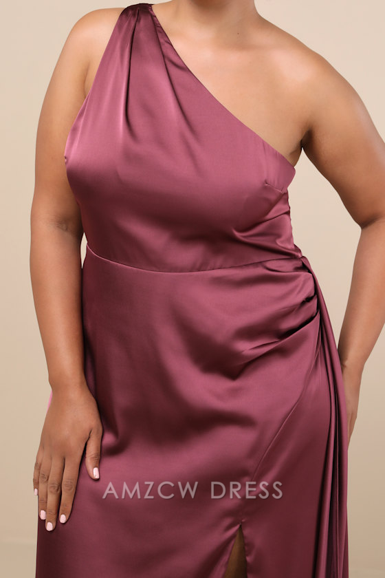 Vestido largo de satén morado malva con un solo hombro, elegante y elegante de Amzcw.