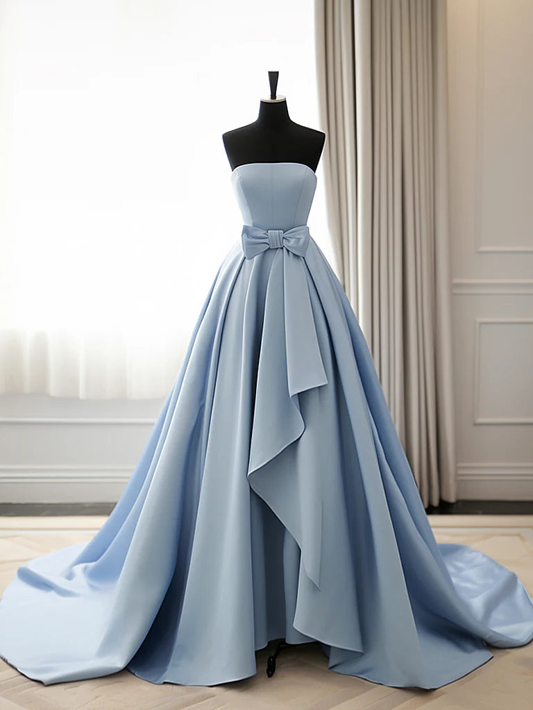 Amzcw Simple A-Line Satin Blue Long Prom Dress Blue Long Evening Dress prom dress in store