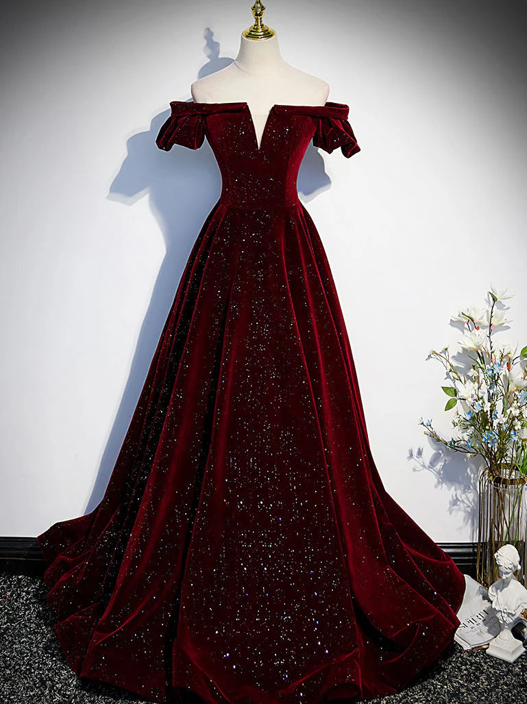 Vestido de fiesta largo con cuentas de terciopelo burdeos de Amzcw, vestido de noche burdeos, vestidos formales