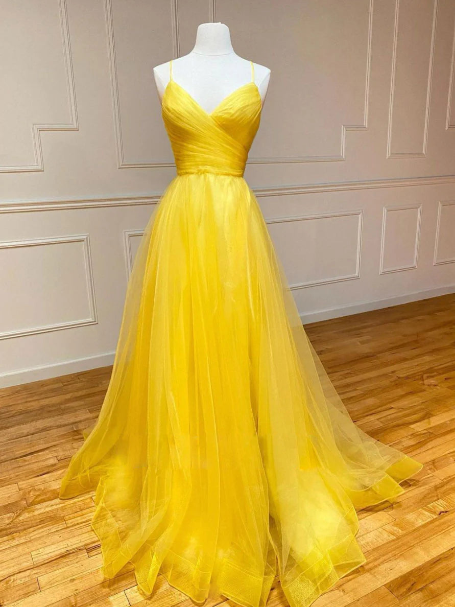 Amzcw Yellow sweetheart tulle long prom dress yellow evening dress formal wear dresses