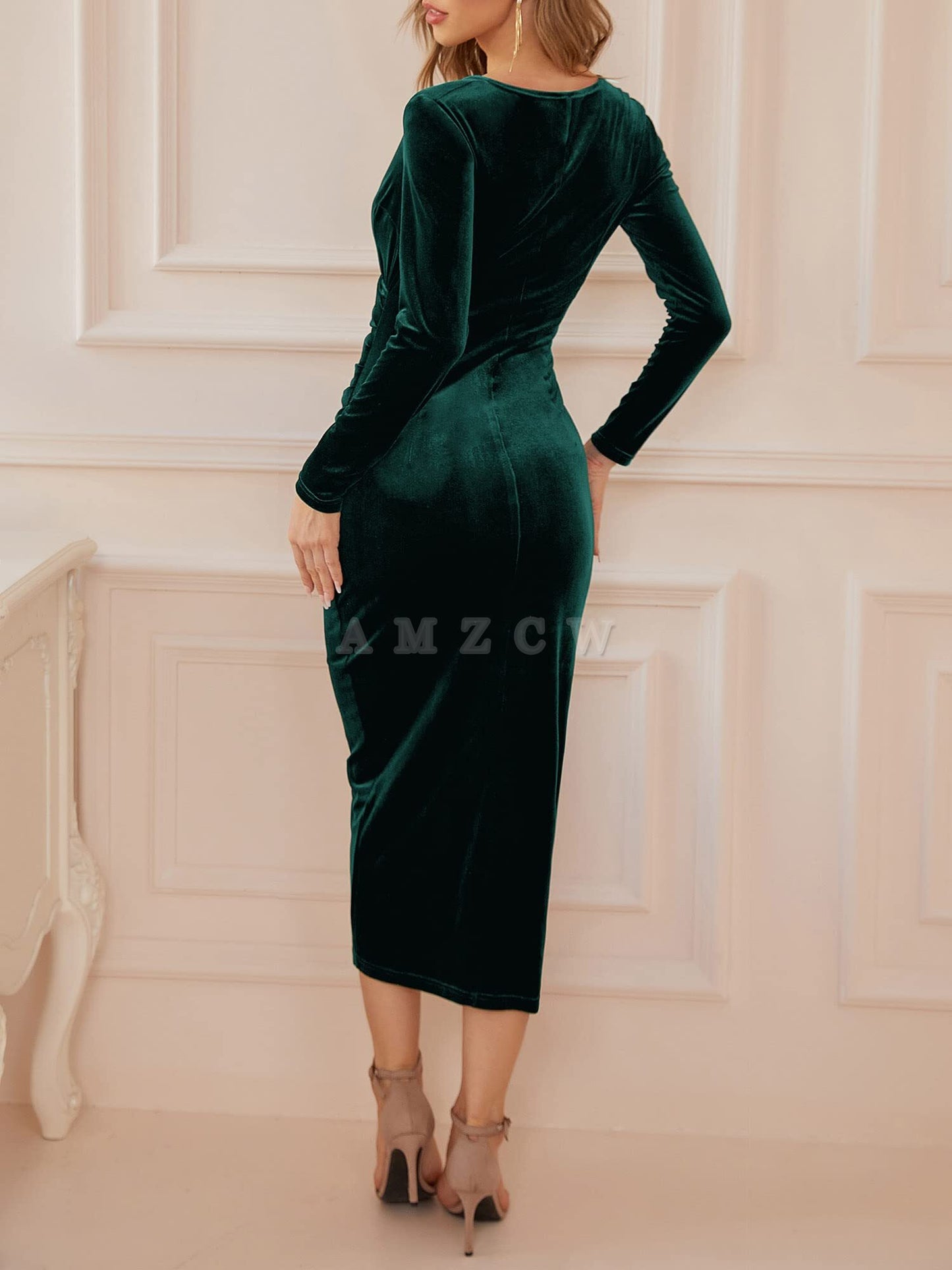 Amzcw Women's Elegant Velvet Long Sleeve Wrap V Neck Ruched Bodycon Cocktail Party Maxi Dress dresses evening wear 