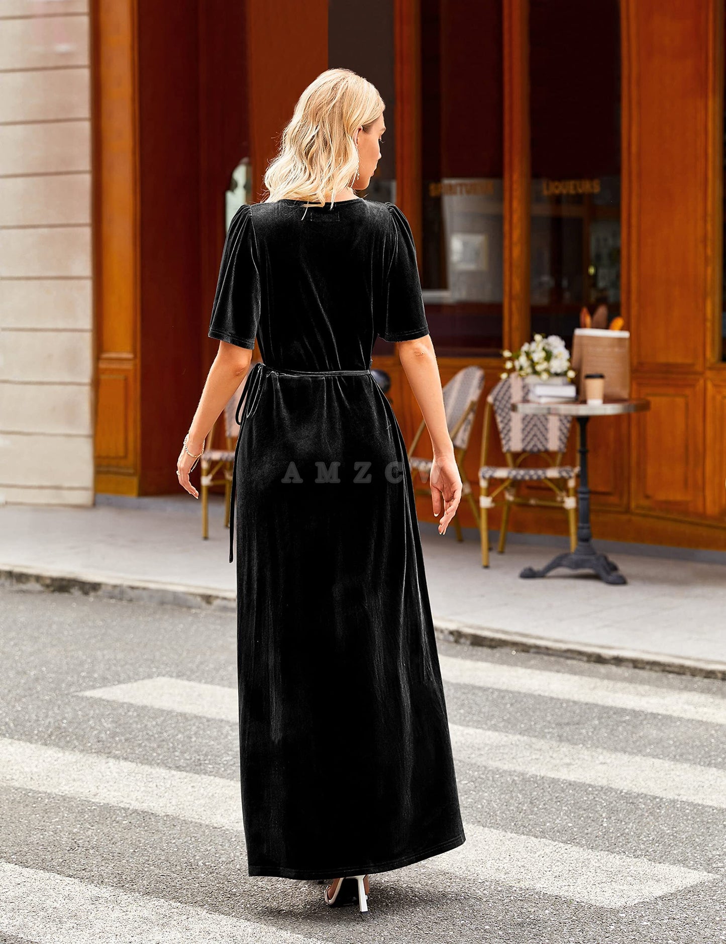 Amzcw - Vestido largo de terciopelo con escote en V para mujer, manga acampanada, abertura para dama de honor, cóctel, fiesta, noche