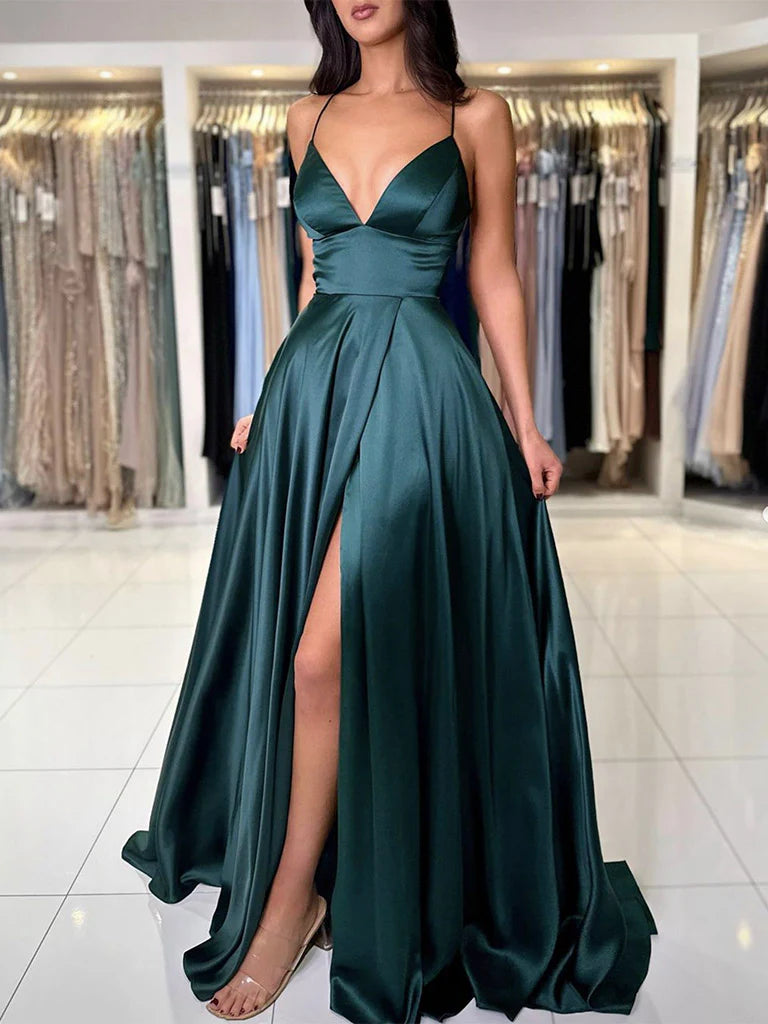 Vestido de fiesta largo de satén verde oscuro con escote en V y corte A de Amzcw, vestido de noche verde oscuro, tiendas de vestidos de fiesta