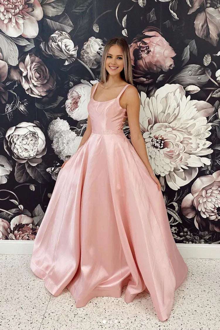 Amzcw Simple pink satin long prom dress pink satin formal dress New Arrivals