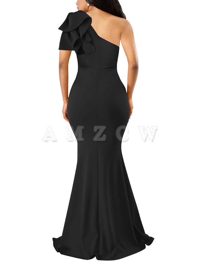 Amzcw Women's Sexy Sleeveless One Shoulder Ruffle High Split Party Evening Long Formal Dress dresses evening wear