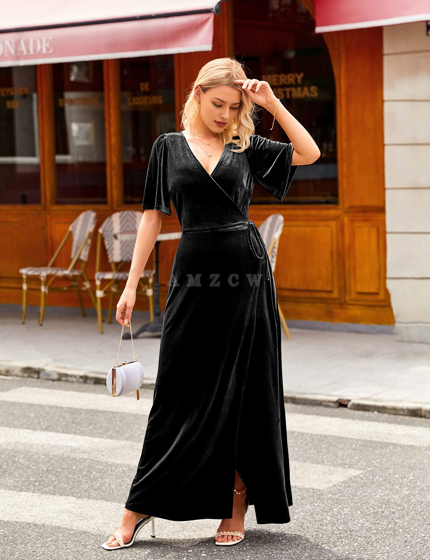 Amzcw - Vestido largo de terciopelo con escote en V para mujer, manga acampanada, abertura para dama de honor, cóctel, fiesta, noche