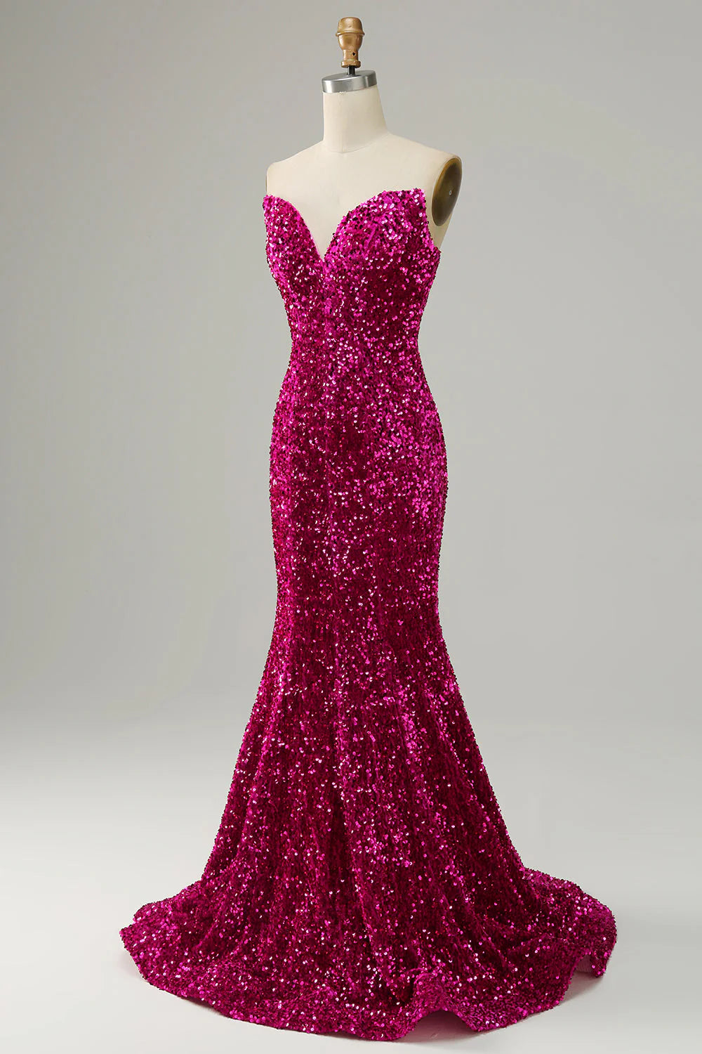 Amzcw Fuchsia Mermaid Sweetheart Neck Sequined Prom Dress With Sweep Train