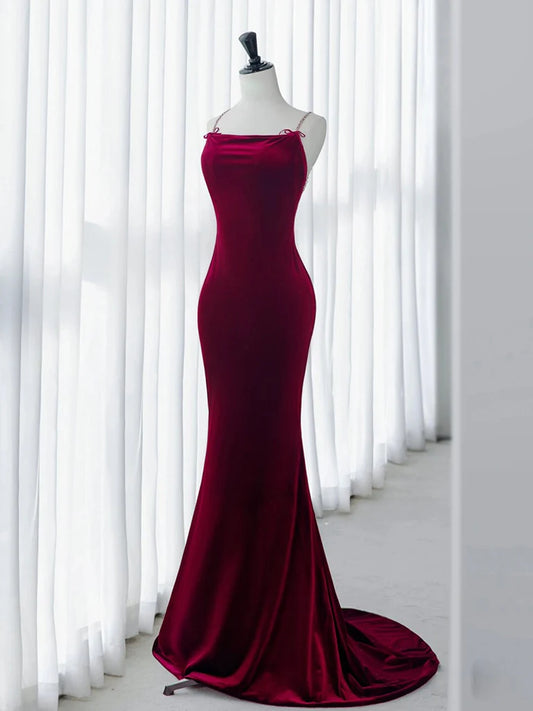 Amzcw Simple Velvet Mermaid Burgundy Long Prom Dress Burgundy Long Formal Dress prom dress in store 