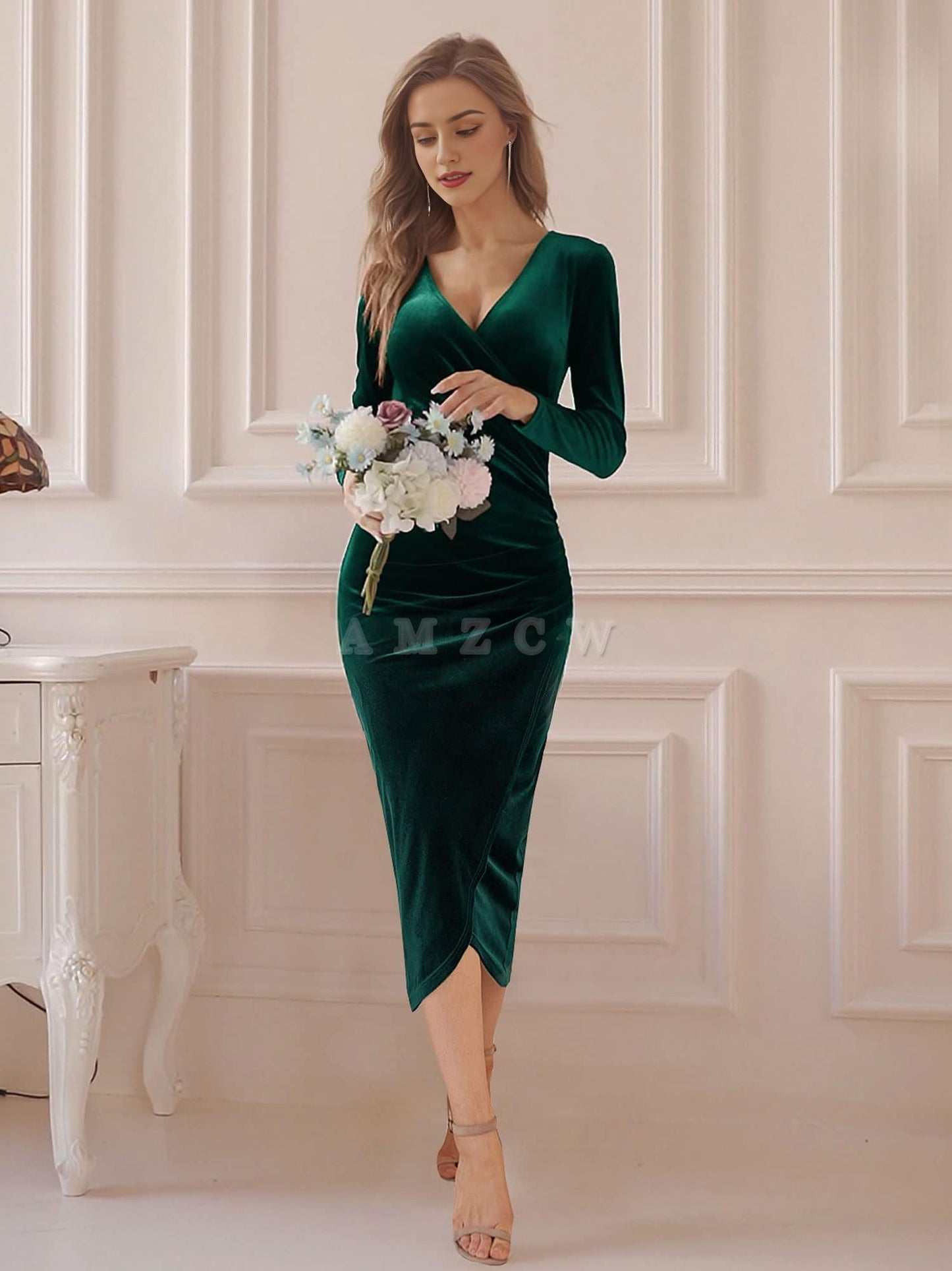Amzcw Women's Elegant Velvet Long Sleeve Wrap V Neck Ruched Bodycon Cocktail Party Maxi Dress dresses evening wear 