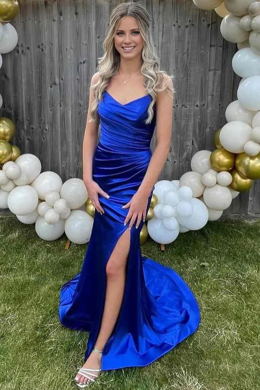 Amzcw Mermaid Strapless Royal Blue V-Neck Sleeveless Satin Long Prom Dress formal wear dresses