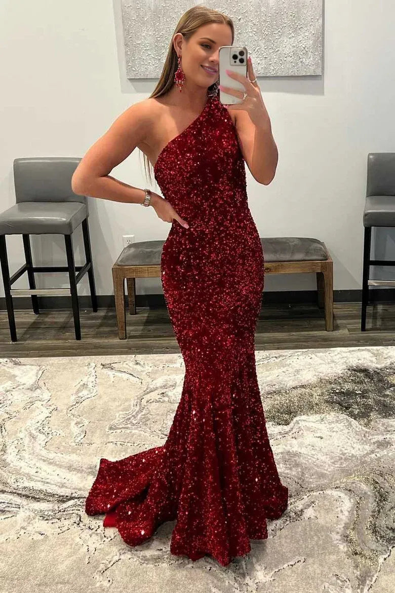 Amzcw Elegant One-Shoulder Red Sequin Trumpet Long Prom Dress