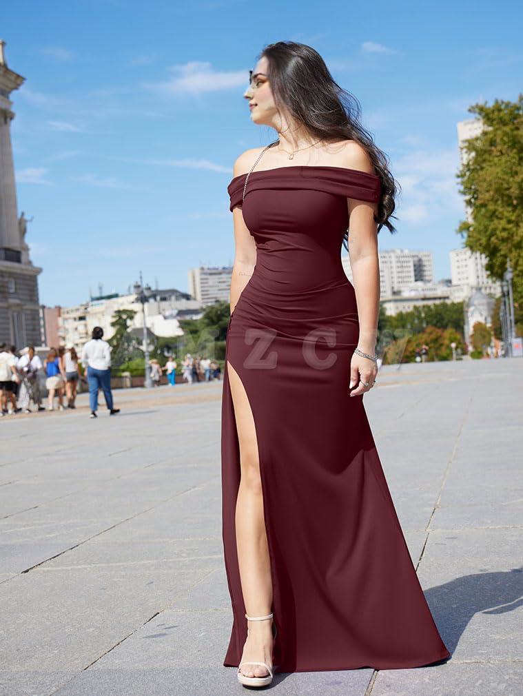 Amzcw Women's Elegant Bodycon Off Shoulder Sleeveless High Split Ruched Long Formal Evening Dress dresses evening wear 