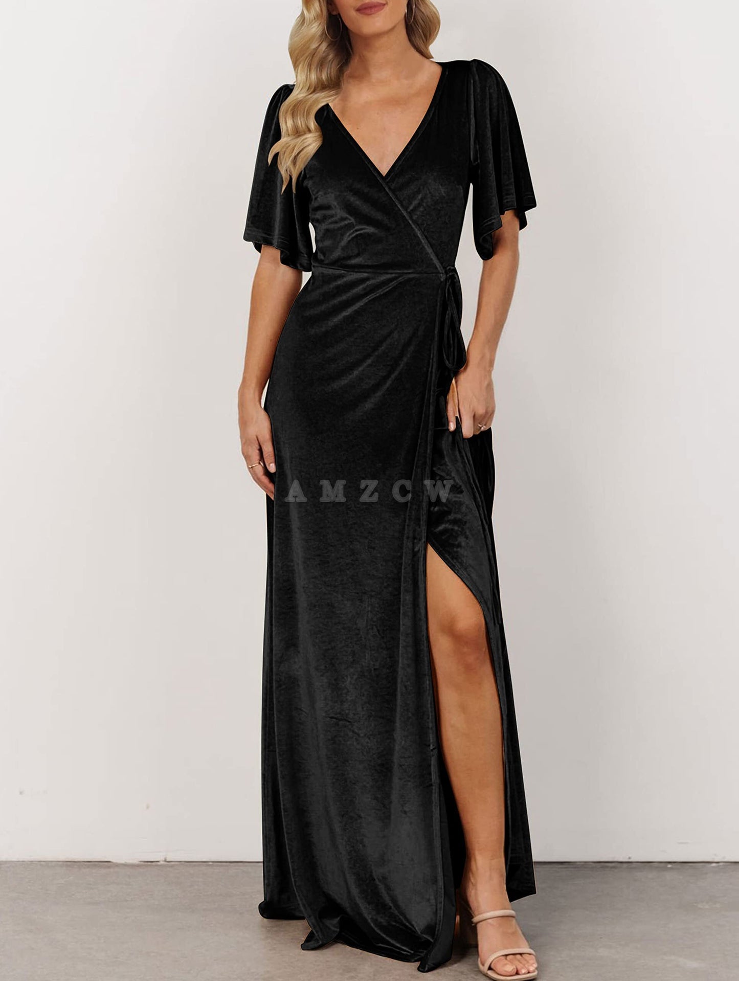 Amzcw - Vestido largo de terciopelo con escote en V para mujer, manga acampanada, abertura para dama de honor, cóctel, fiesta, noche