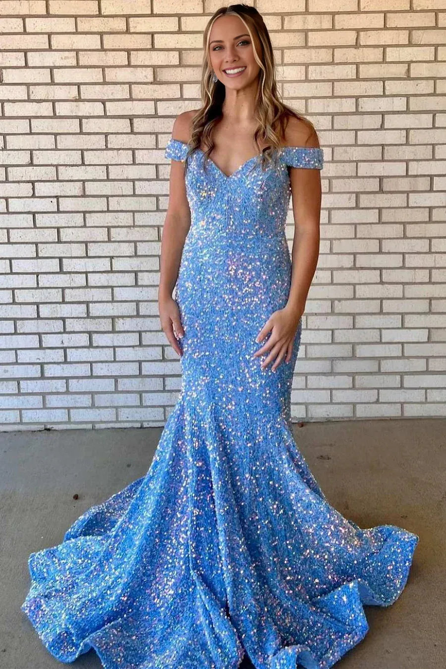 Amzcw Elegant Blue Iridescent Sequin Off-the-Shoulder Trumpet Prom Dress