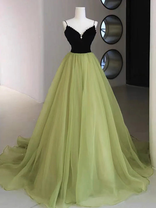 Amzcw A-Line V Neck Green Tulle Long Prom Dress Green Formal Dress prom dress in store
