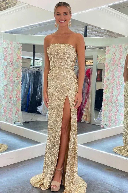 Amzcw Elegant Gold Sequin Strapless Backless Mermaid Long Prom Dress with Slit