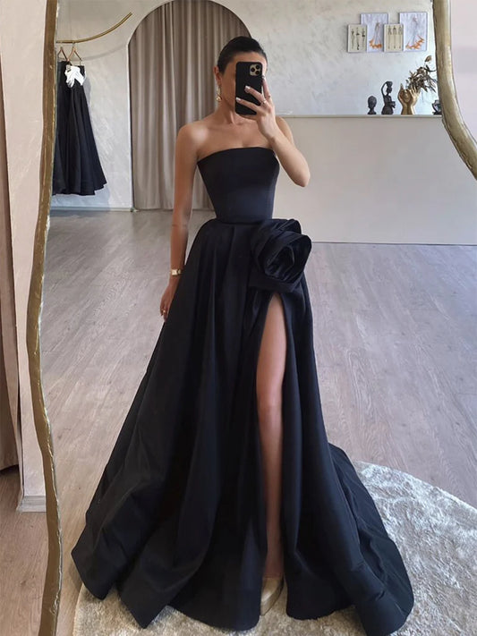 Vestido de fiesta largo negro de satén con corte en A de Amzcw, vestido formal largo negro, vestido de fiesta en tienda.