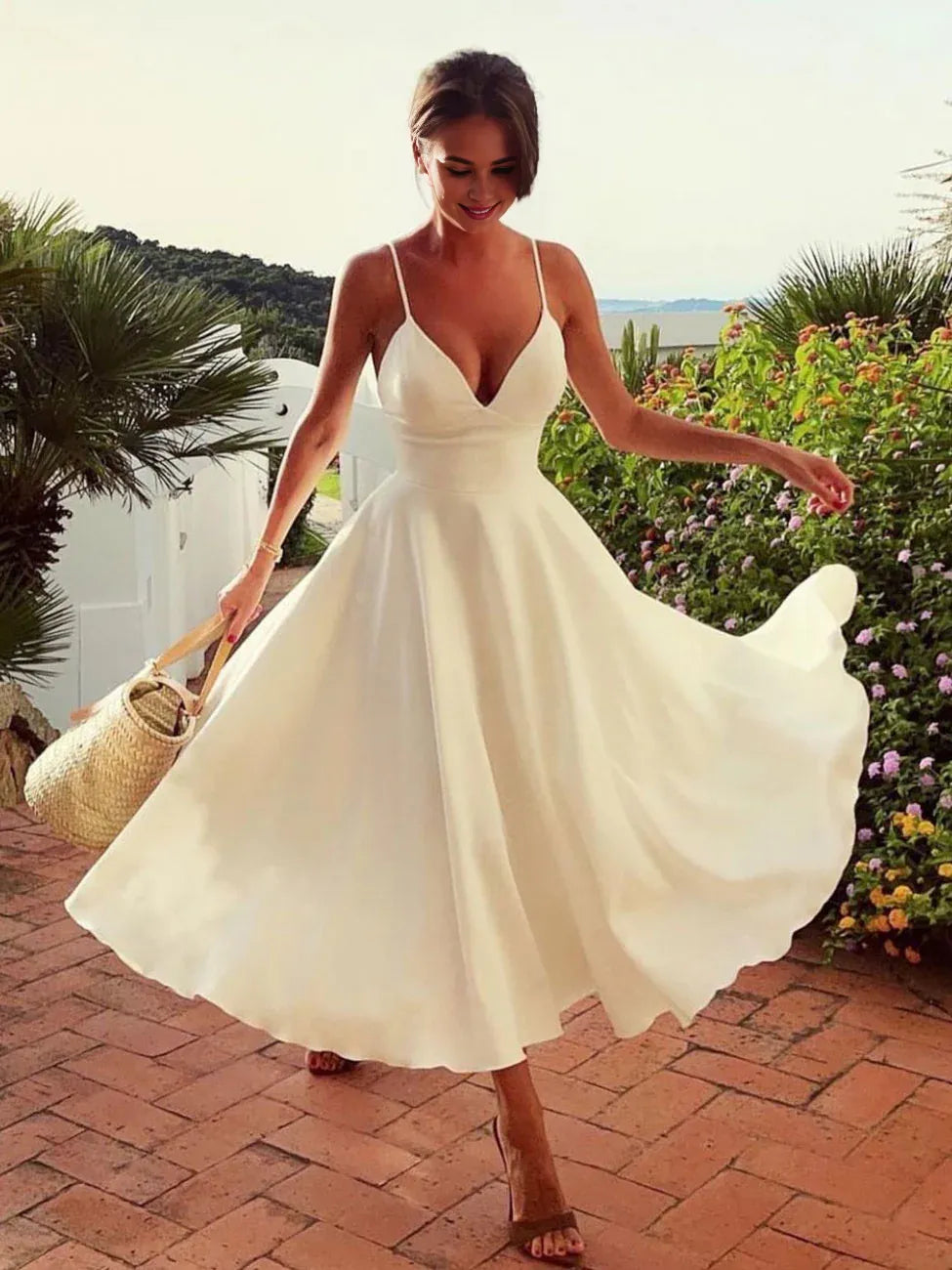 Amzcw Aline V Neck White Prom Dresses Satin Tea Length White Formal Wedding Party Dress Vestido de fiesta en tienda