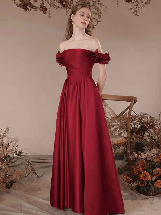 Amzcw Burgundy A-Line Off Shoulder Satin Long Prom Dress Burgundy Formal Evening Dress prom dress in store