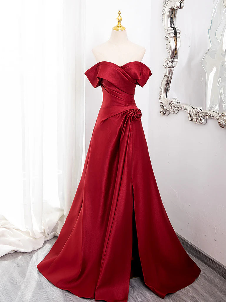 Vestido de fiesta largo de satén burdeos con hombros descubiertos y corte en A de Amzcw. Disponible en tienda.