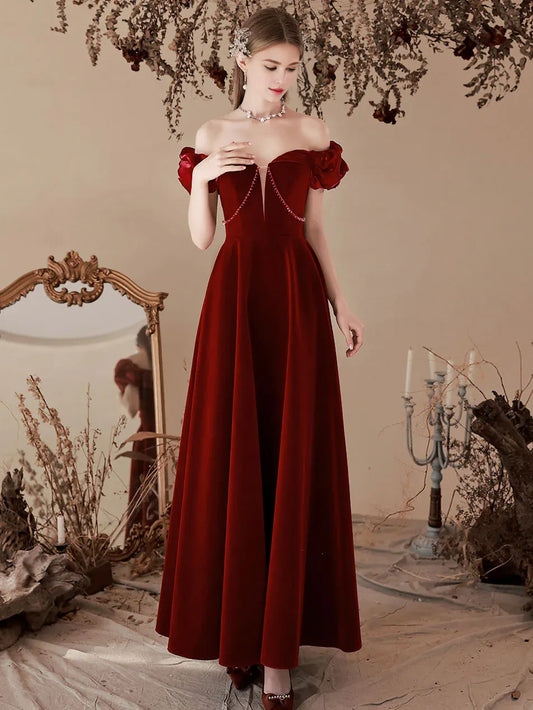 Amzcw A-Line Off Shoulder Velvet Burgundy Long Prom Dress Tea Burgundy Evening Dress prom dress in store