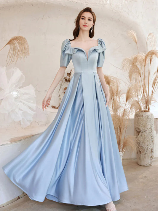 Amzcw A-Line Square Neckline Satin Blue Long Prom Dress Blue Formal Evening Dress prom dress in store 