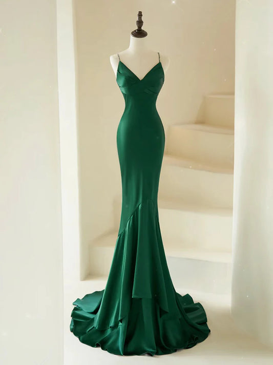 Suknia balowa Amzcw Mermaid V Neck Satin Green Long Prom Dress Green Satin Long Formalna sukienka na studniówkę sklepy z sukniami balowymi