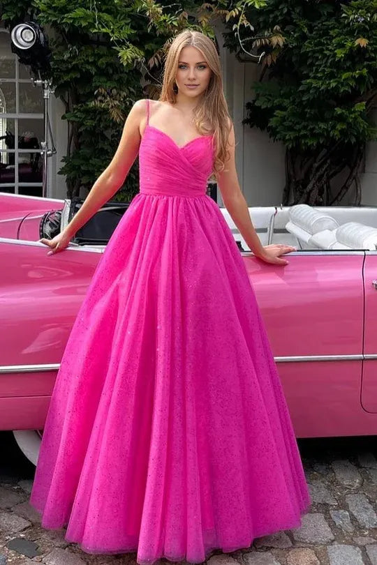 Amzcw Hot Pink Spaghetti Straps V-Neck Pleated A-Line Prom Dress formal wear dresses