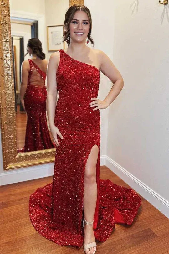 Amzcw Elegant One-Shoulder Red Sequin Mermaid Long Formal Dress