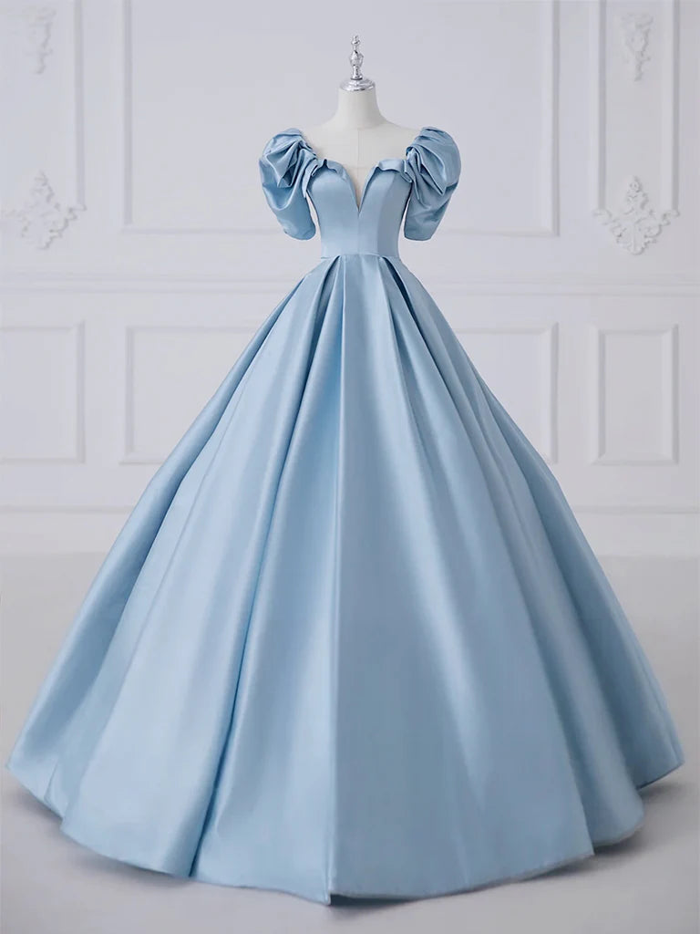 Vestido de fiesta largo azul satinado de corte A de Amzcw, vestido formal largo azul satinado, tiendas de vestidos de fiesta
