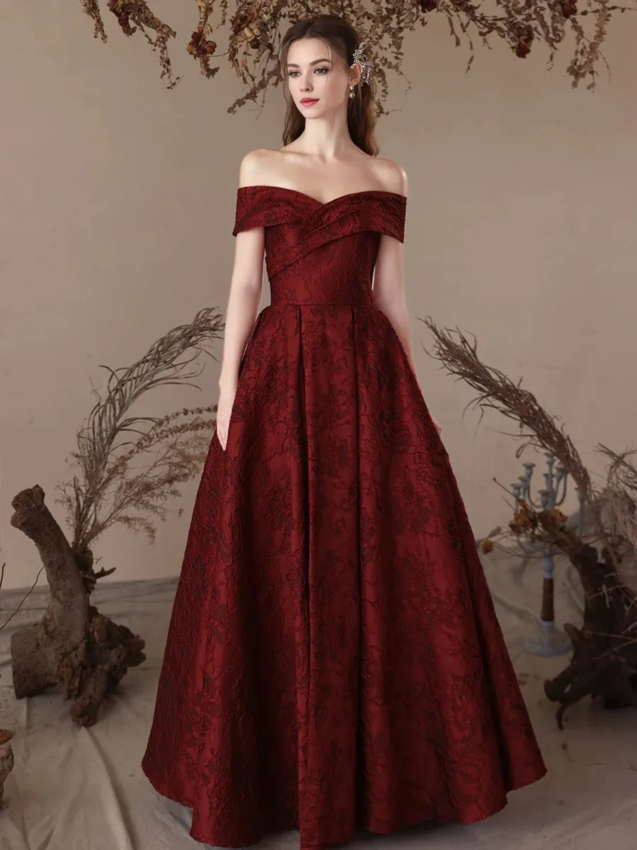 Vestido de fiesta largo burdeos de satén con hombros descubiertos y corte A de Amzcw, vestido de noche largo burdeos, tiendas de vestidos de fiesta