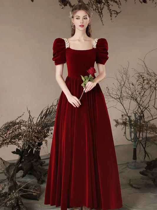 Amzcw A- Line Velvet Burgundy Long Prom Dress Burgundy Long Formal Dress prom dress in store 