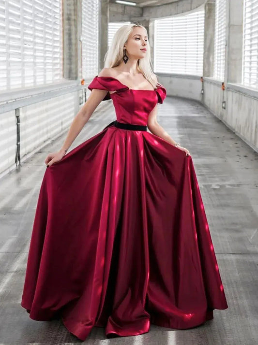 Amzcw A-Line Off Shoulder Satin Burgundy Long Prom Dress Burgundy Formal Evening Dress prom dress in store