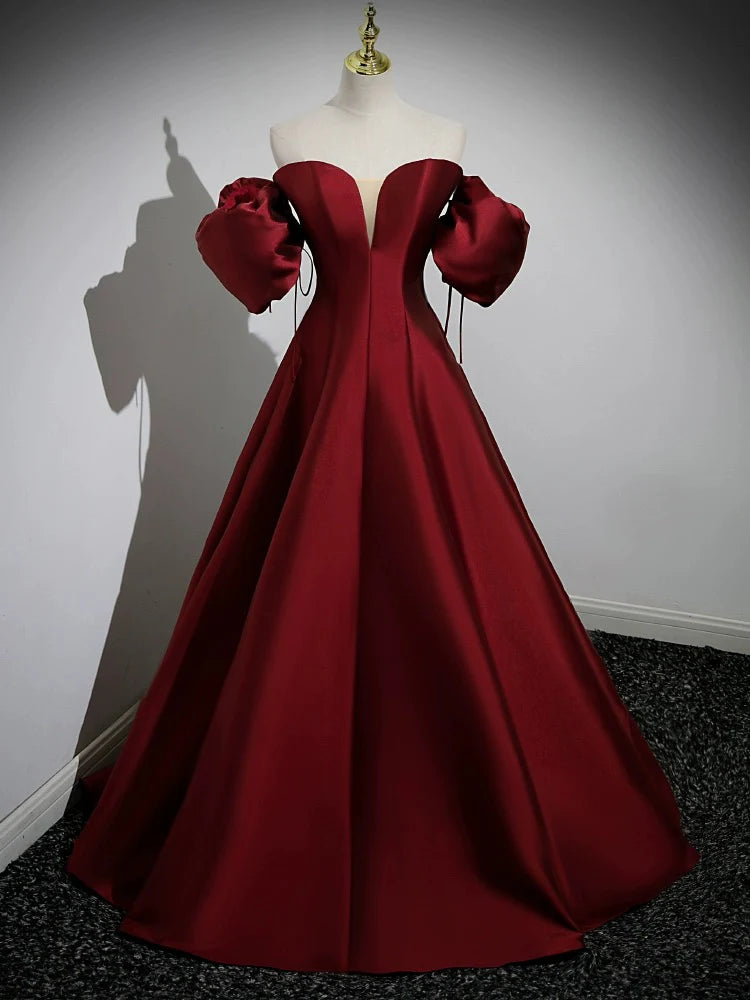 Vestido de fiesta largo burdeos de satén con mangas abullonadas y corte A de Amzcw. Vestido formal largo burdeos. Tiendas de vestidos de fiesta.