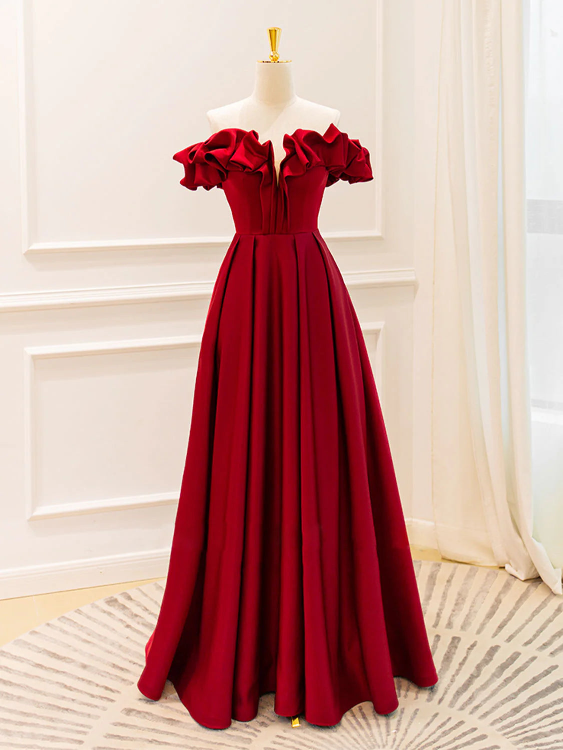 Amzcw A-Line Off Shoulder Satin Burgundy Long Prom Dress Burgundy Evening Dresses prom dress in store