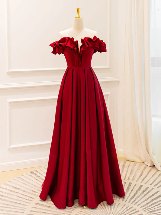 Amzcw A-Line Off Shoulder Satin Burgundy Long Prom Dress Burgundy Evening Dresses prom dress in store
