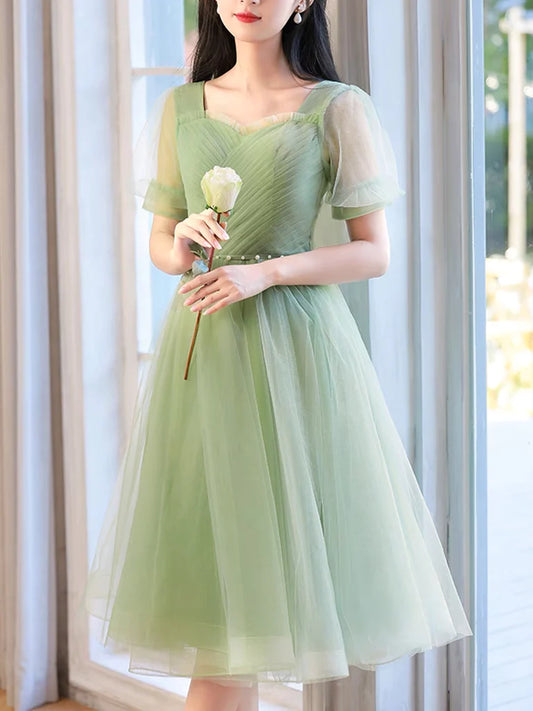 Amzcw A-Line Green Tulle Short Prom Dress Green Short Formal Dress prom dress in store 