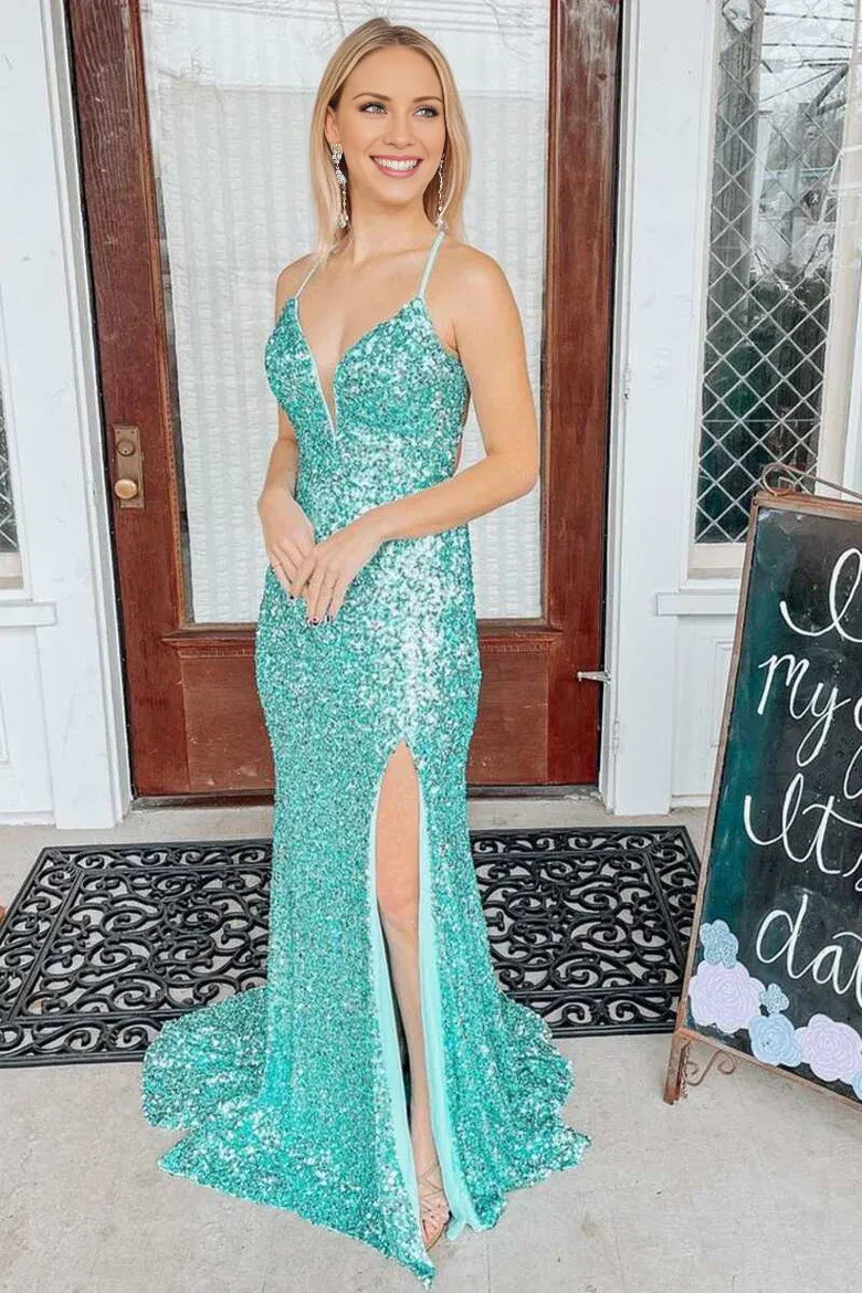 Amzcw Elegant Light Jade Sequin Lace-Up Back Mermaid Long Prom Dress