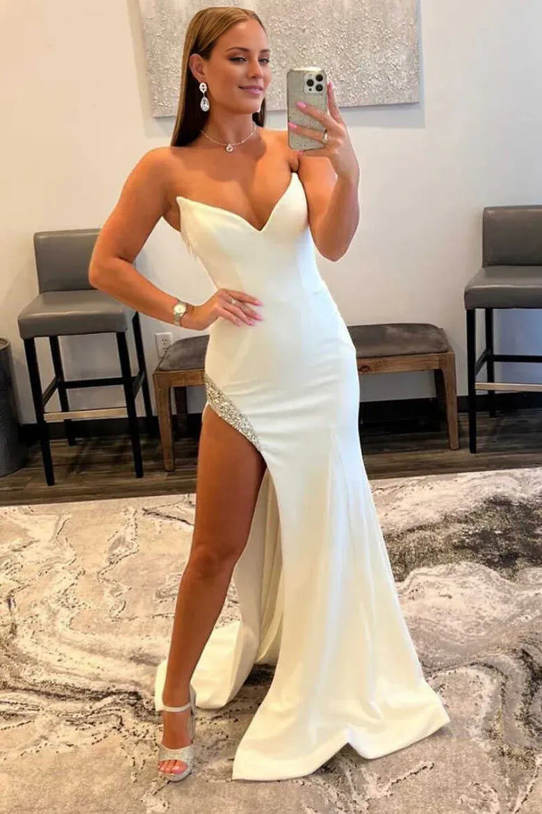 Amzcw Elegant White Strapless Mermaid Long Prom Dress with Bead Trimmed Slit