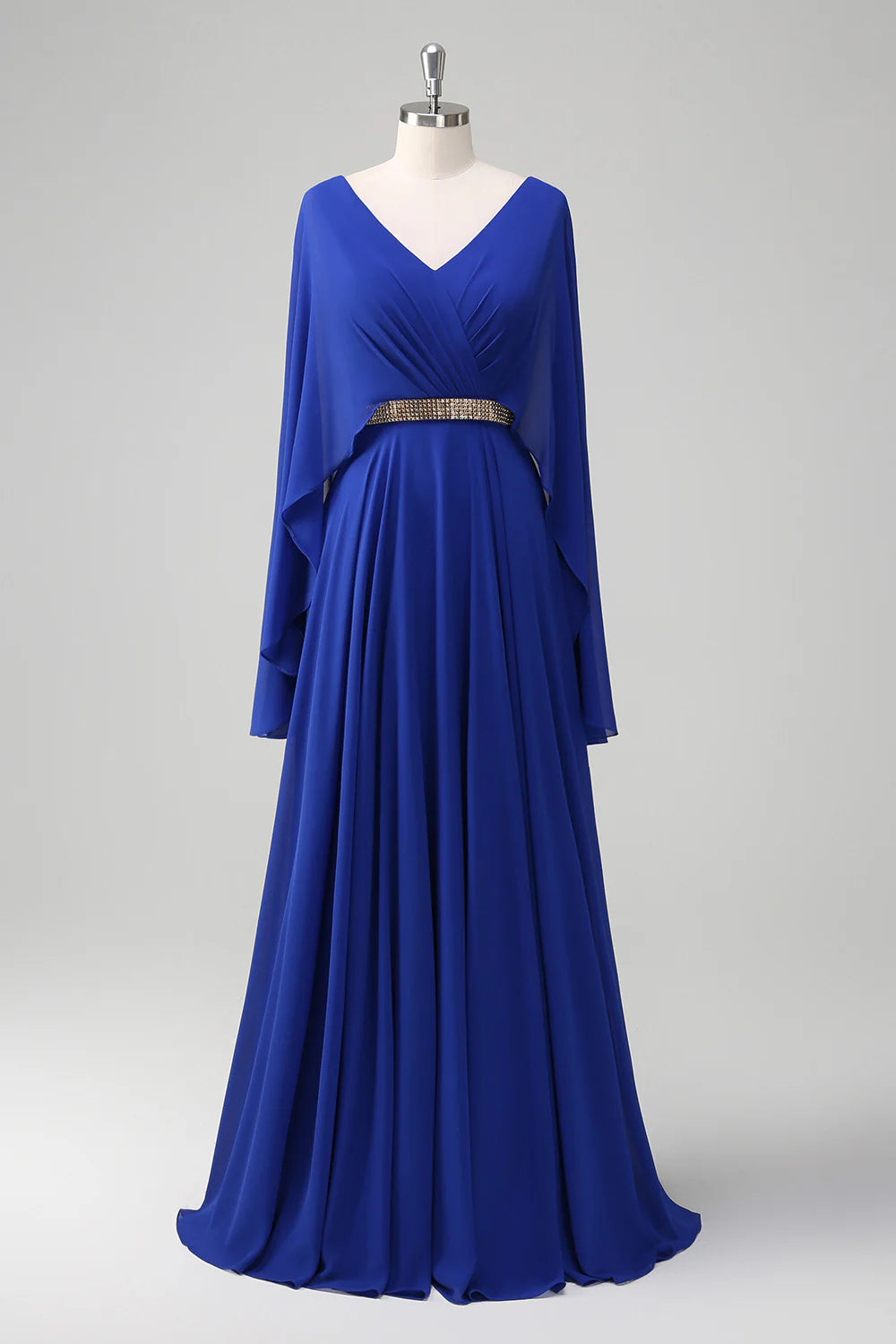 Amzcw Royal Blue A Line V-neck Chiffon Long Mother Dress with Belt gowns evening dresses