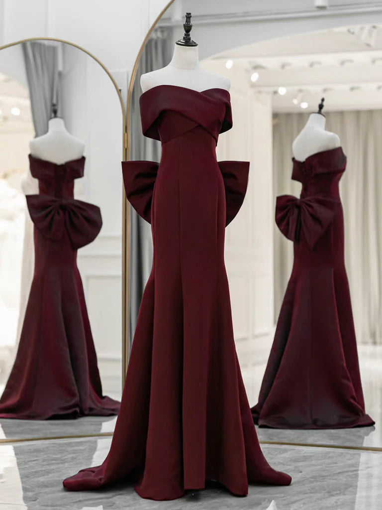 Amzcw Vestidos de fiesta largos de satén burdeos con hombros descubiertos y corte sirena, vestidos de noche largos, tiendas de vestidos de fiesta