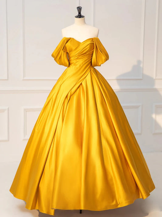 Amzcw Yellow Off Shoulder Satin Long Prom Dress Yellow Long Evening Dress prom dress in store