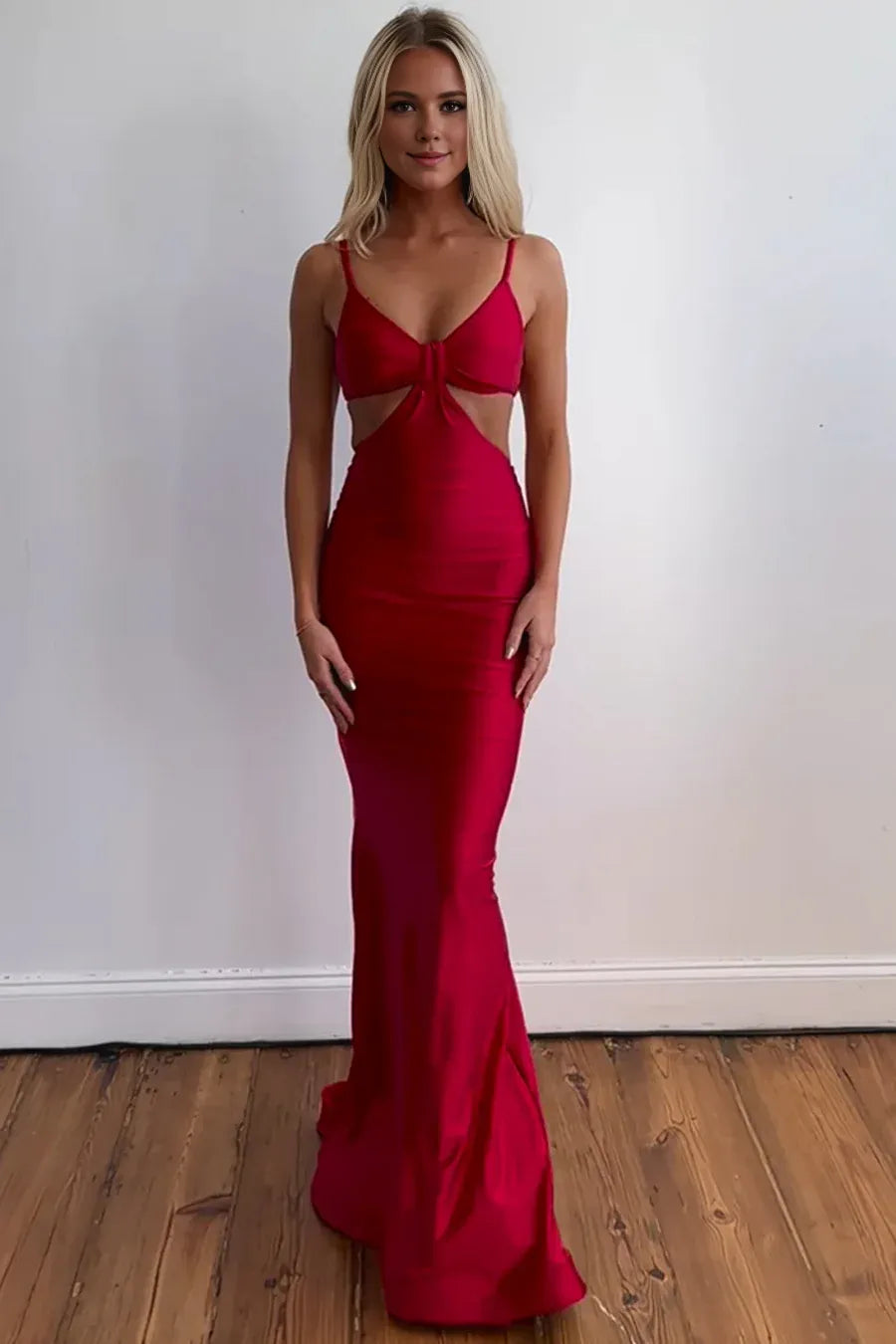 Amzcw Classy Red Spaghetti Straps V-Neck Mermaid Satin Sleeveless Long Prom Dress