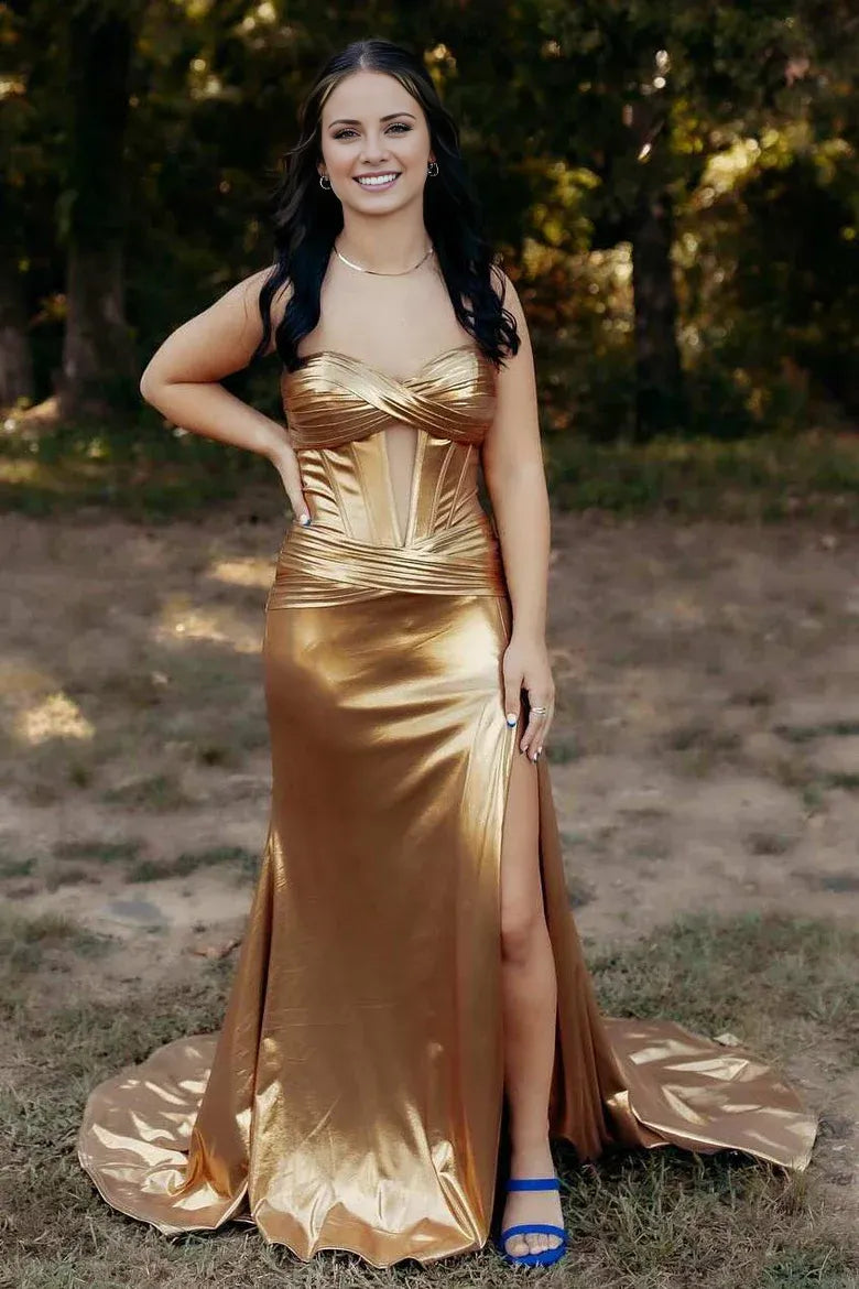Amzcw Gold Strapless Mermaid Metallic Sleeveless Keyhole Side Slit Long Prom Dress formal wear dresses