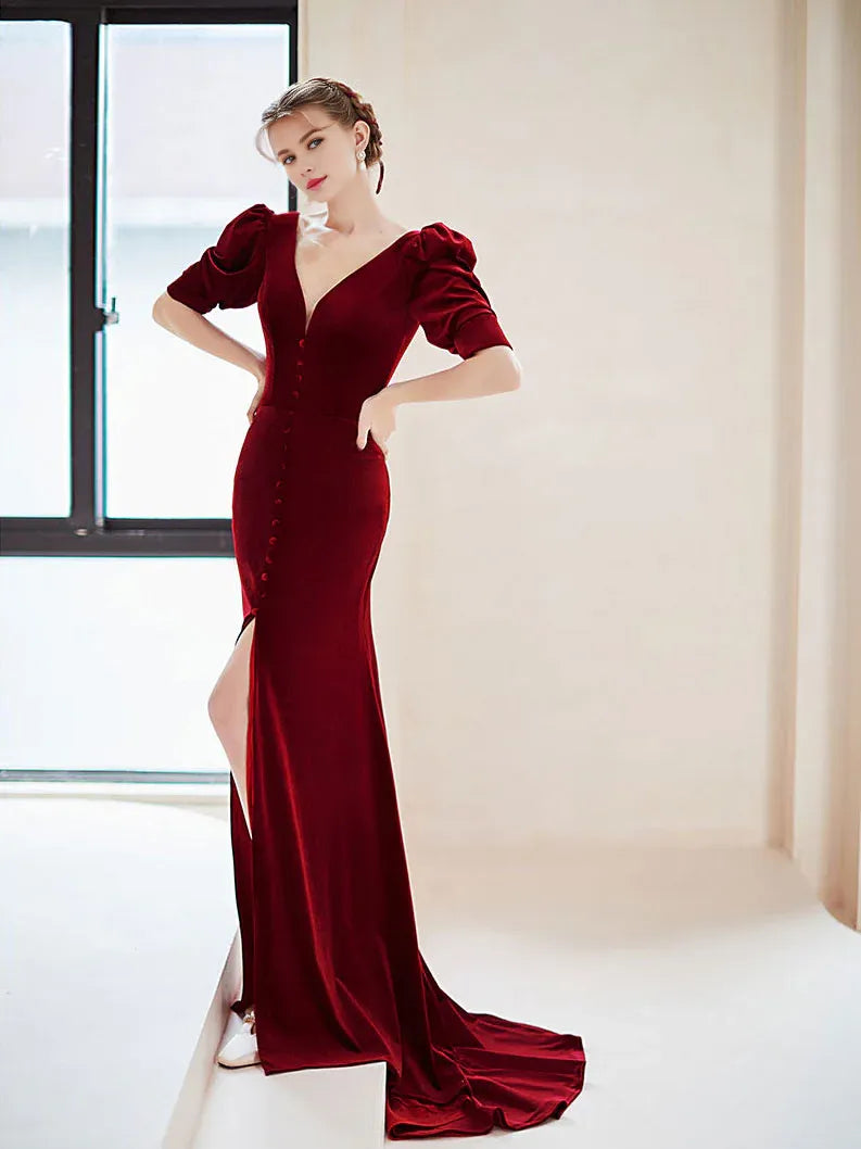 Vestido de fiesta largo de terciopelo con escote en V burdeos de Amzcw, vestido de noche formal burdeos, vestido de fiesta en tienda