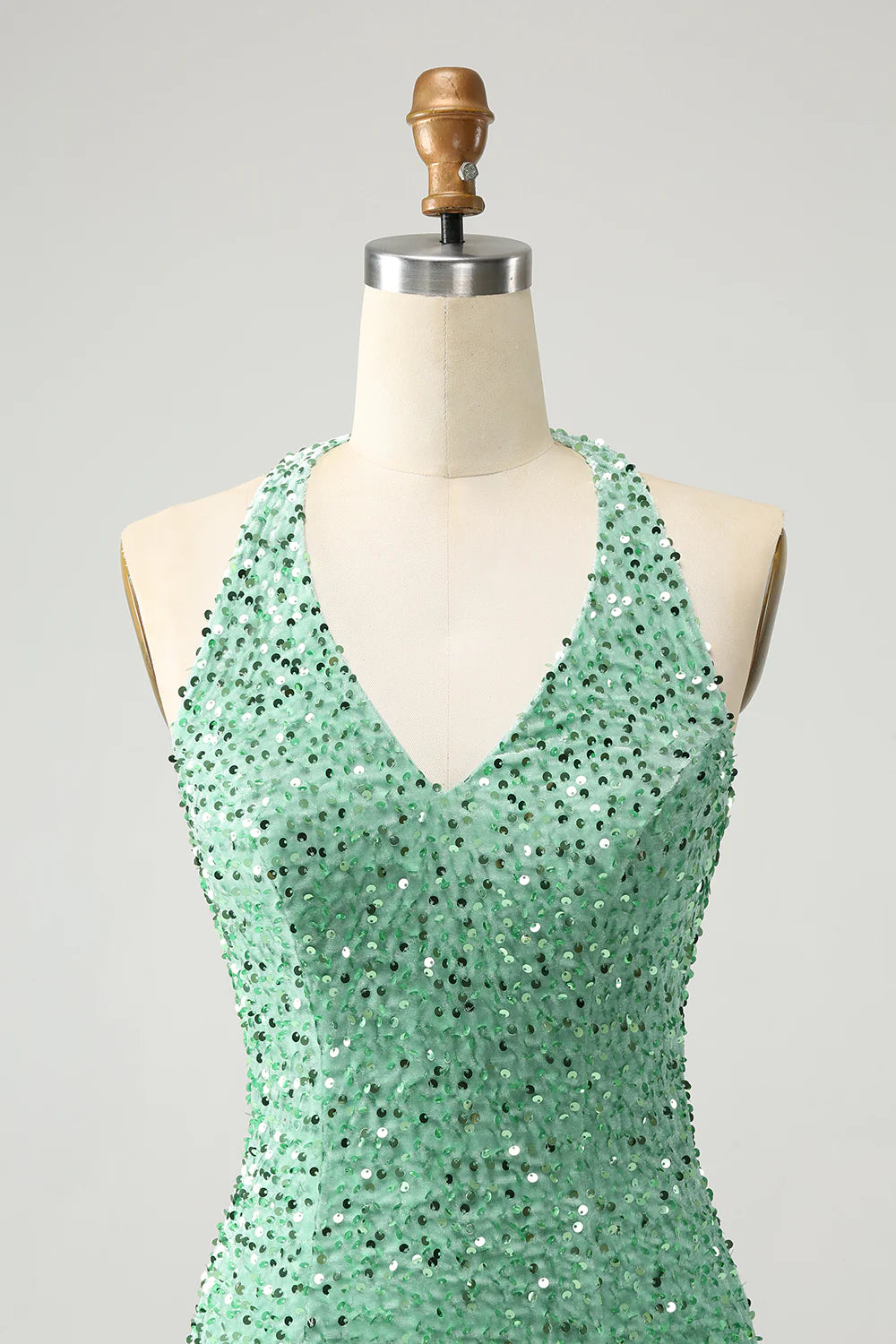 Amzcw Glitter Sage Bodycon Halter Sequin Short Homecoming Dress with Tassels